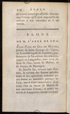 214-244, Éloge de M. L' Abbé de Gua.