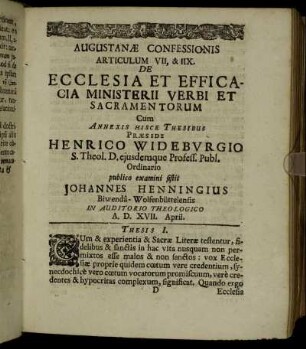 Augustanæ Confessionis Articulum VII. & IIX. De Ecclesia Et Efficacia Ministerii Verbi Et Sacramentorum [...]