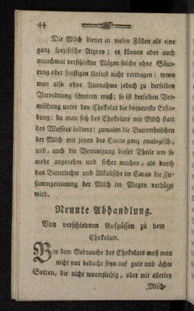 Neunte Abhandlung. Von verschiednen Aufgüssen zu dem Chokolate.