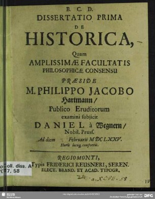 1: Dissertatio ... De Historica