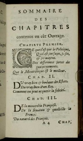 Sommaire Des Chapitres contenus en cét Ouvrage.