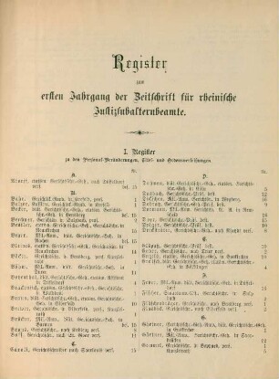 Register zum ersten Jahrgang der Zeitschrift für rheinische Justizsubalternbeamte