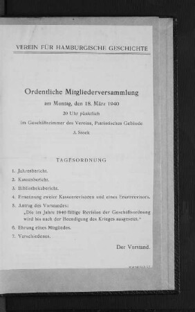 Ordentliche Mitgliederversammlung am Montag, den 18. März 1940