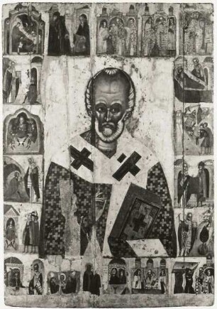 Nikolaus mit Vita : Nikolaus mit Vita. Ikonenmalerei (1301/1700; Moskauer Schule oder Schule des Dionissij). Moskau: Tretjakow-Galerie