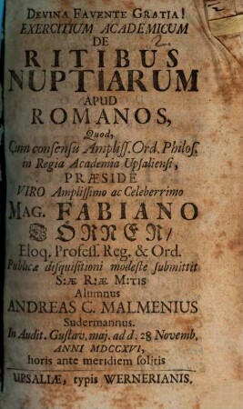 Exercitium acad. de ritibus nuptiarum apud Romanos