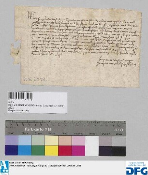 Jorg von Rosenberg, Amtmann zu Bischofsheim, sagt auf Weisung seines Herrn, des Erzbischofs von Mainz der Nürnberger Kaufmannschaft zur Frankfurter Herbstmesse sicheres Geleit zu.