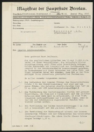 Jahrhunderthalle, Breslau Akustikgutachten: Brief von Konwiarz an Michel (zweiseitig)