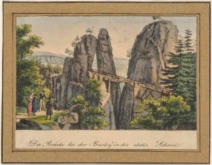 Die hölzerne Basteibrücke bei Rathen in der Sächsischen Schweiz von Nordwesten mit Blick auf die Felsen Steinschleuder und Neurathener Felsentor