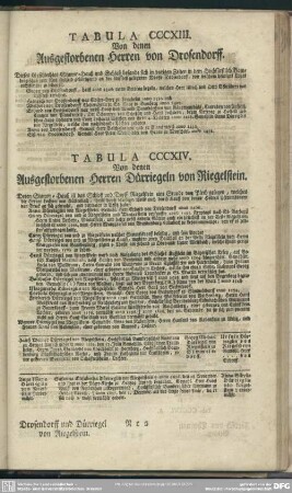 Tabula CCCXIII. Von denen Ausgestorbenen Herren von Drosendorff; Tabula CCCXIV. Von denen Ausgestorbenen Herren Dürriegeln von Riegelstein