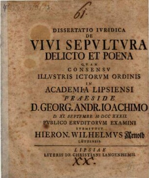 Dissertatio iuridica de vivi sepultura delicto et poena