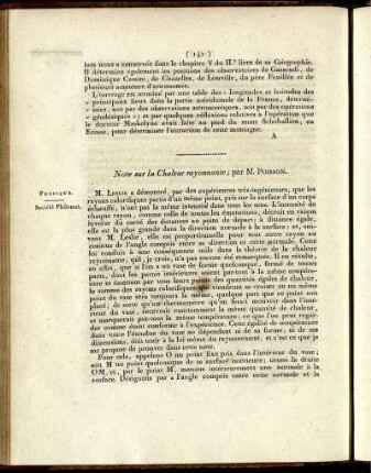 Note sur la Chaleur rayonnante
