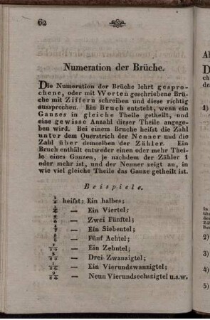 Numeration der Brüche. Abbrevation der Brüche. Addition, Multiplication, Subtraktion und Division der Brüche. Regel de Tri. Eintheilung der Zeit. Münzen, Gewichte und Maaße.