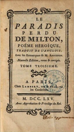 Le Paradis Perdu de Milton : poeme heroique, 3