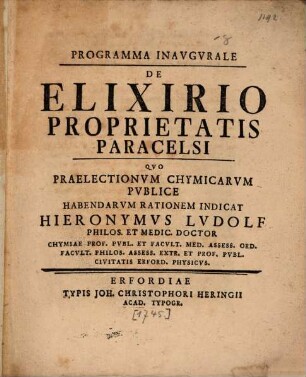 Programma Inaugurale De Elixirio Proprietatis Paracelsi
