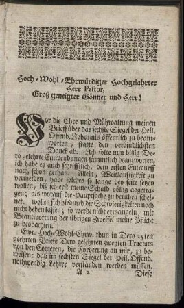 Hoch- Wohl- Ehrwürdiger Hochgelahrter Herr Pastor, ...