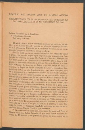 Discurso del doctor José de la Riva Agüero