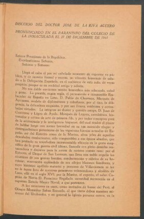 Discurso del doctor José de la Riva Agüero