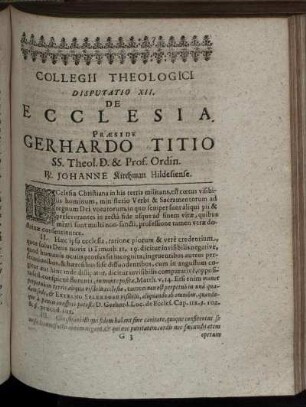 Collegii Theologici Disputatio XII. De Ecclesia. Præside Gerhardo Titio ... Johanne Kirchman Hildesiense.