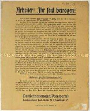 Gegen die SPD gerichteter Wahl- und Beitrittsaufruf der Deutschnationalen Volkspartei zur Wahl der Nationalversammlung 1919