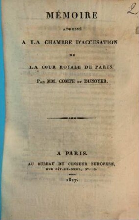Mémoire adressé à la Chambre d'accusation de la cour royale de Paris
