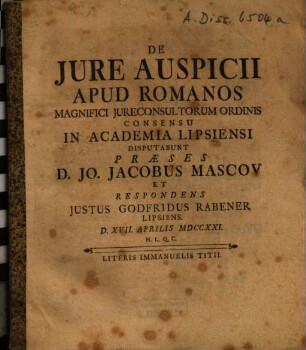 De Jure [Iure] Auspicii Apud Romanos