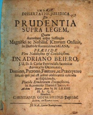 Diss. iur. de prudentia supra legem