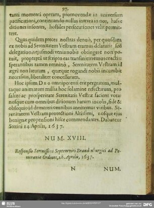 Num. XVIII. Responsio Serenissimi Septemviri Brandenburgici ad Pomeraniae Ordines, 28. Aprilis, 1637