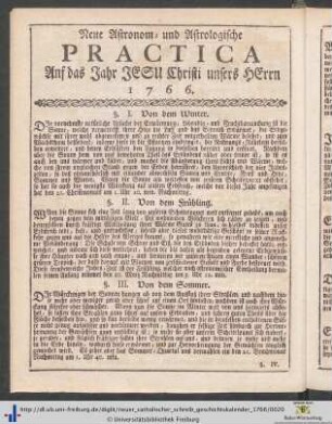 Neuer Astronom- und Astrologische Practica Auf das Jahr Jesu Christi unsers Herrn 1766.