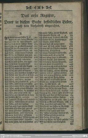 Das erste Register, Derer in diesem Buche befindlichen Lieder, nach dem Alphabeth eingerichtet