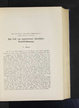 (Aus dem Neuen Allgemeinen Krankenhause.) Zweite medicinische Abteilung. Ein Fall von angeborener einseitiger Facialislähmung. Von Dr. Nonne.