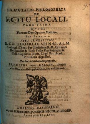 Disputatio philosophica de motu locali, Pars I
