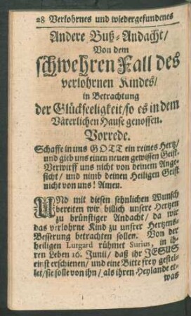 Andere Buß-Andacht/ Von dem schwehren Fall des verlohrnen Kindes/ ...