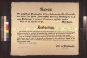 Maueranschlag: Der Oberkommandant der Nationalgarde, Messenhauser, gibt eine Mitteilung des Fürsten Windischgrätz über den Einmarsch ungarischer Truppen bekannt; Wien, 31. Oktober 1848