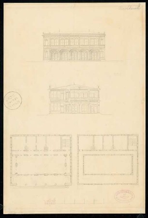 Börse Monatskonkurrenz Januar 1832: Grundriss Erdgeschoss, Obergeschoss, Aufriss Vorderansicht, Seitenansicht; Maßstabsleiste
