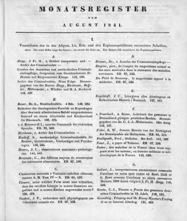Monatsregister vom August 1841