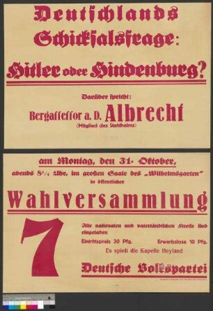 Plakat der DVP zu einer öffentlichen Wahlversammlung am 31. Oktober 1932 in Braunschweig