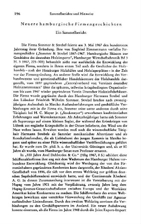 Sammelberichte und Hinweise : Neuere hamburgische Firmengeschichte