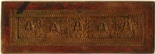 Tibetischer Buchdeckel, teilvergoldet mit ikonographischer Darstellung der Fünf Jinas (Buddhas)