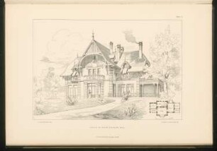 Villa, Nyon: Grundriss und perspektivische Ansicht (aus: Stadt- und Landhäuser, hrsg. von Ernst Wasmuth, Berlin 1894)