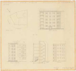 Wohnhaus Liliencronstraße/Presselstraße, Berlin-Steglitz: Lageplan 1:200, 3 Ansichten Presselstraße, Liliencronstraße, Hofansicht, Schnitt, 1:100