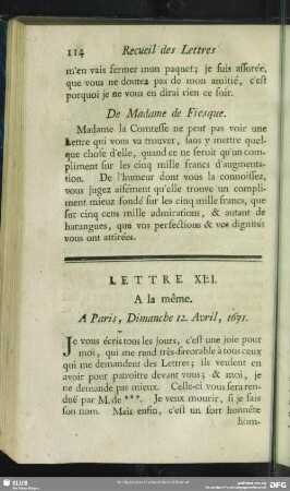 Lettre XLI. A la même. A Paris, Dimanche 12. Avril, 1671