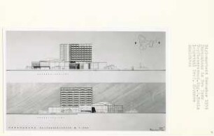 Europahaus, New York-Manhatten Island (Diplomarbeit bei Bernhard Hermkes): Ansichten von Nordwesten und Südosten 1:200