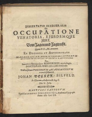 Dissertatio Inauguralis De Occupatione Venatoria, Eiusdemque Iure