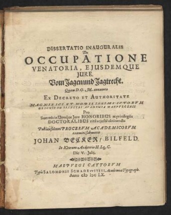 Dissertatio Inauguralis De Occupatione Venatoria, Eiusdemque Iure