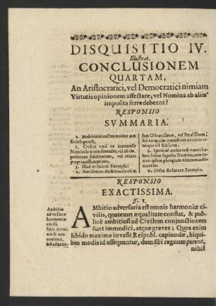 [...] Disquisitio IV. Illustrat. Conclusionem Quartam, [...] Responsio Summaria.
