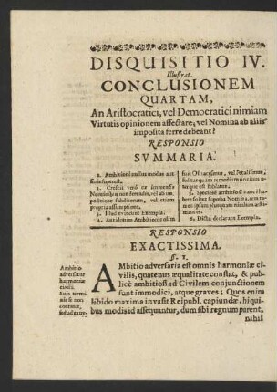 [...] Disquisitio IV. Illustrat. Conclusionem Quartam, [...] Responsio Summaria.