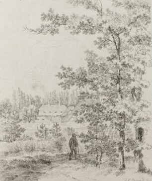 Landschaft mit Wanderer : Bleistiftzeichnung, 14,8 x 12,6 cm , bez. J.C. Erhard fec., Dresden, Privatbesitz