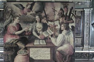 Gestühl der Nordseite mit Szenen der Versuchung und der Standhaftigkeit der Kirche — Allegorie der Versuchung der christlichen Kirche