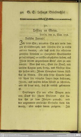 30. Lessing an Gleim. Berlin, den 12. May 1759