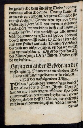 Hyrna ein ander Gebedt/ na der entfanginge ...